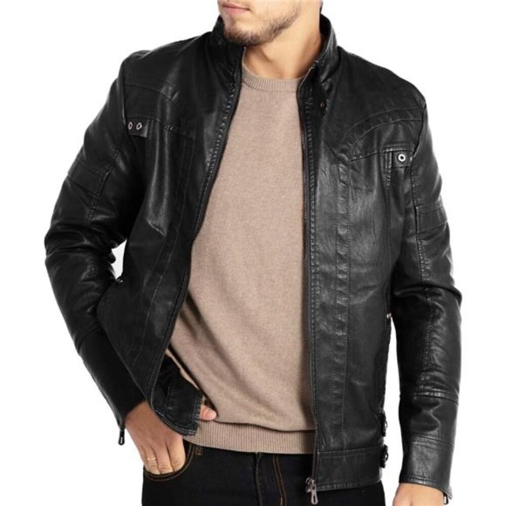 Men's Vintage Stand Collar Leather Jacket Motorcycle PU Jacket and Coat - Picture 3 of 12